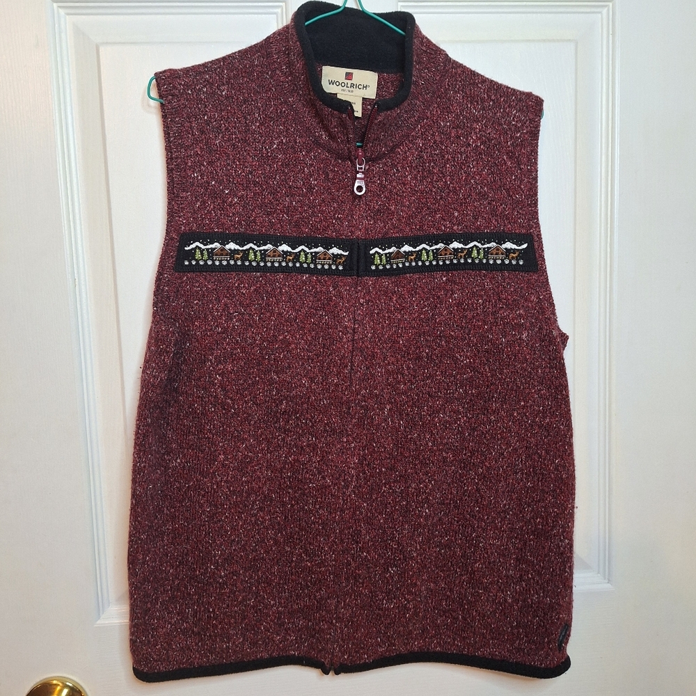 Woolrich Vintage Maroon Red Christmas Embroidered Full Zip Sweater Vest Size M